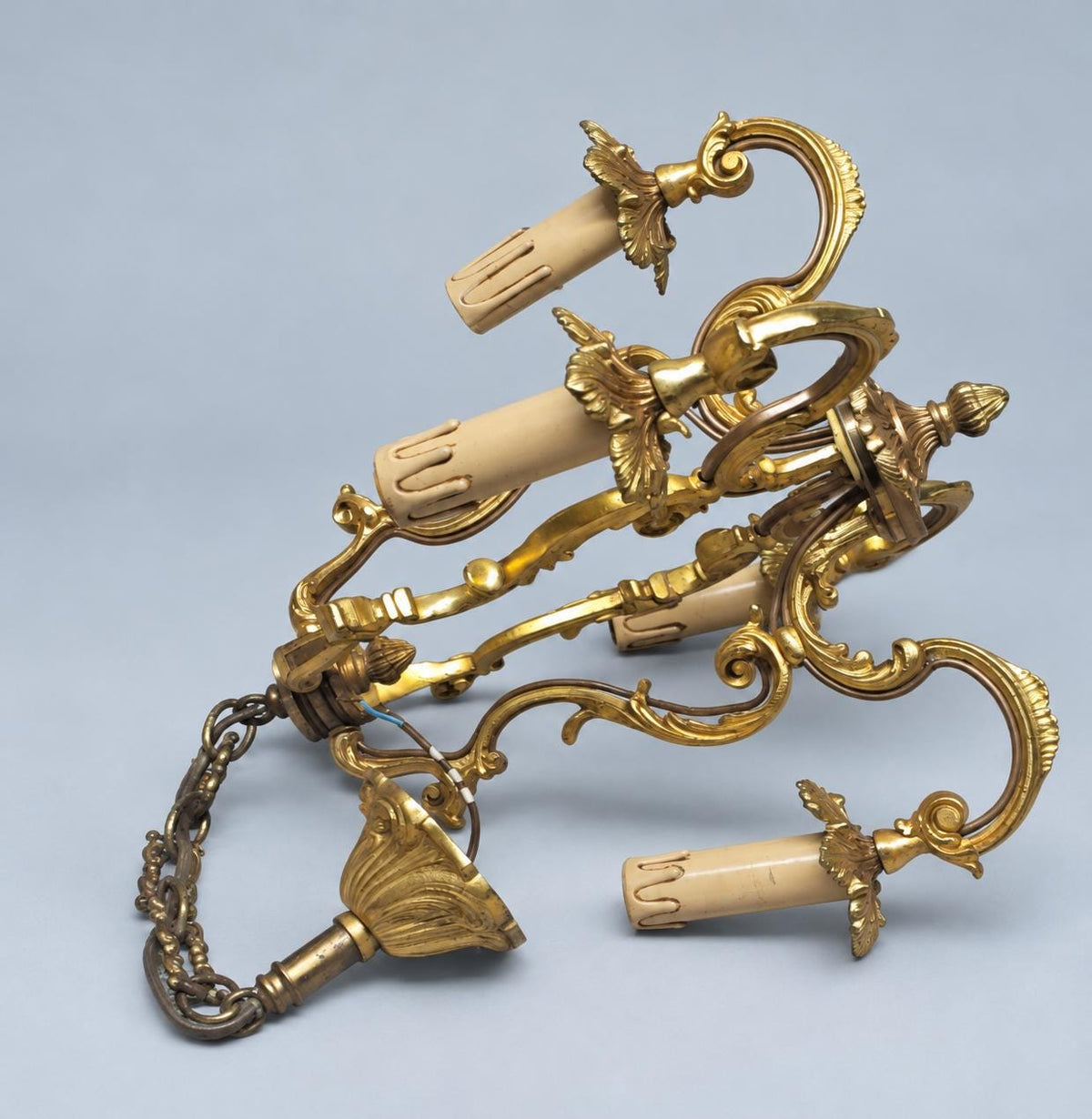 Vintage Louis XV Style Cage Chandelier, Gilt Metal with Shell Motifs and Scrolled Uprights, Four Lights, Chain and Canopy