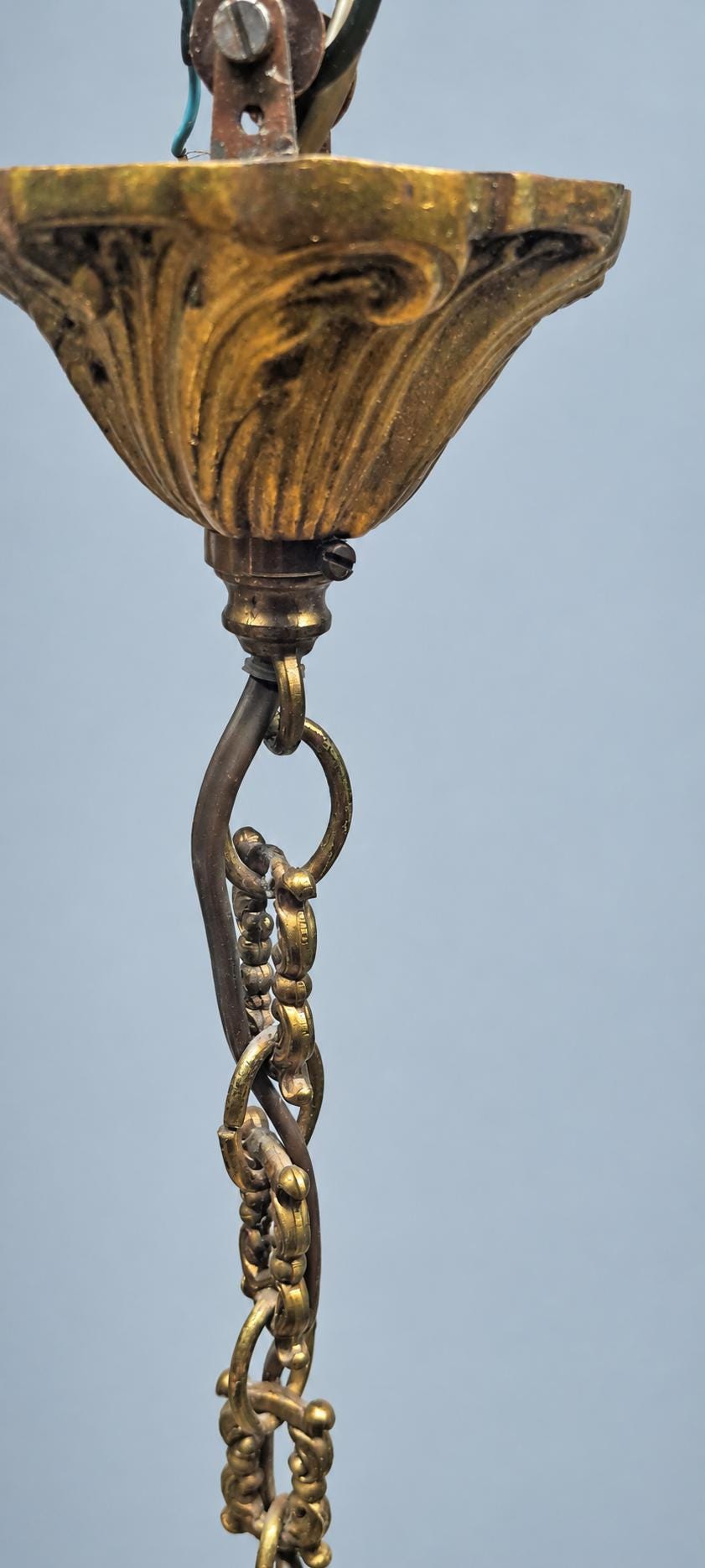 Vintage Louis XV Style Cage Chandelier, Gilt Metal with Shell Motifs and Scrolled Uprights, Four Lights, Chain and Canopy