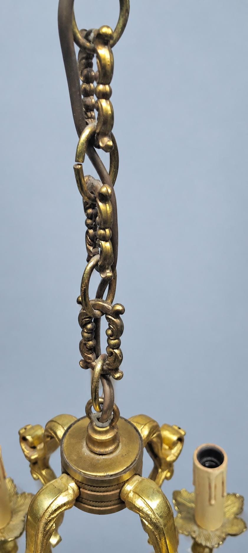 Vintage Louis XV Style Cage Chandelier, Gilt Metal with Shell Motifs and Scrolled Uprights, Four Lights, Chain and Canopy
