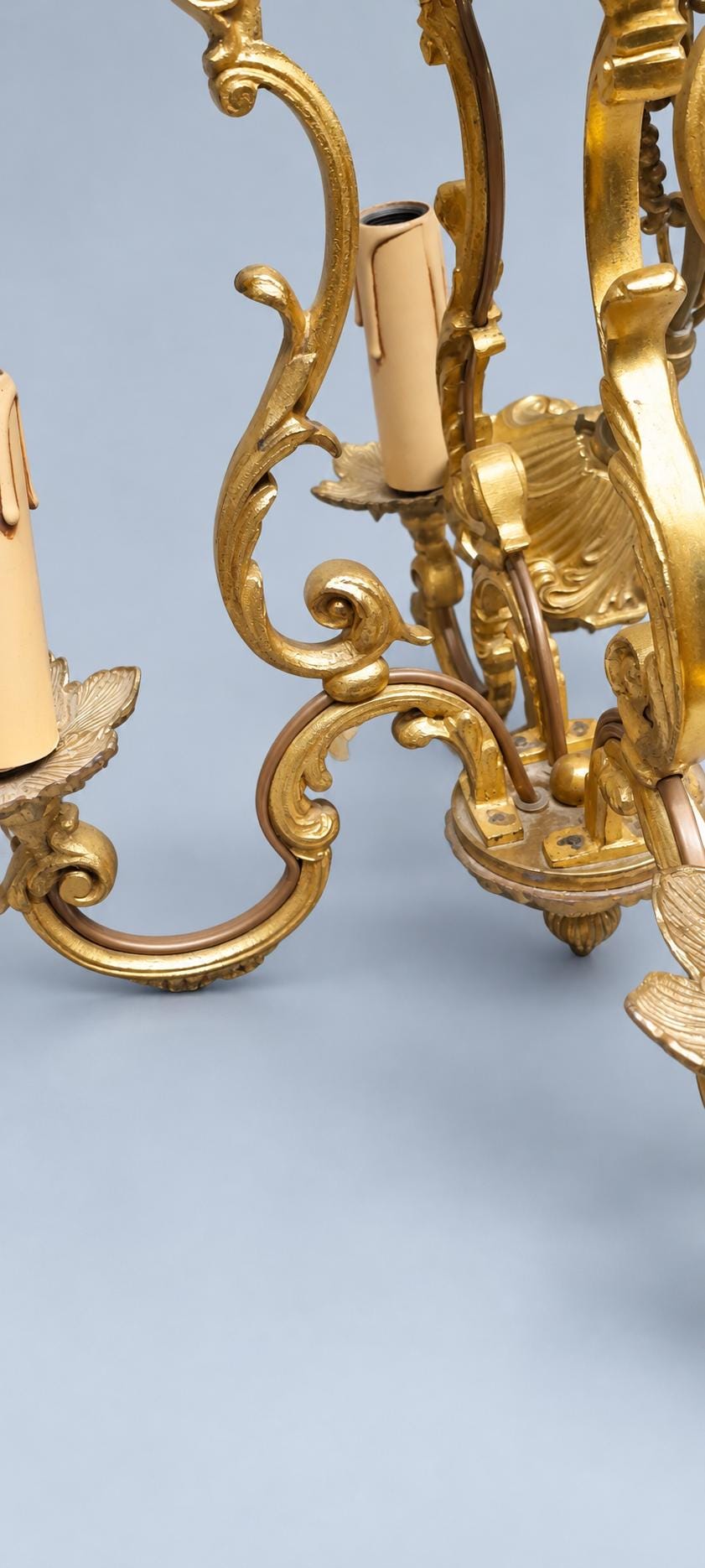 Vintage Louis XV Style Cage Chandelier, Gilt Metal with Shell Motifs and Scrolled Uprights, Four Lights, Chain and Canopy