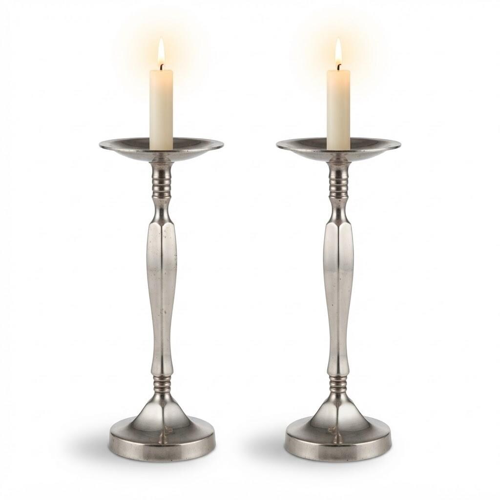 Vintage Pair of Tall Pricket Candlesticks, Silver-Tone Metal with Faceted Columns and Ringed Collars, Pillar Candle Holders, 28 cm