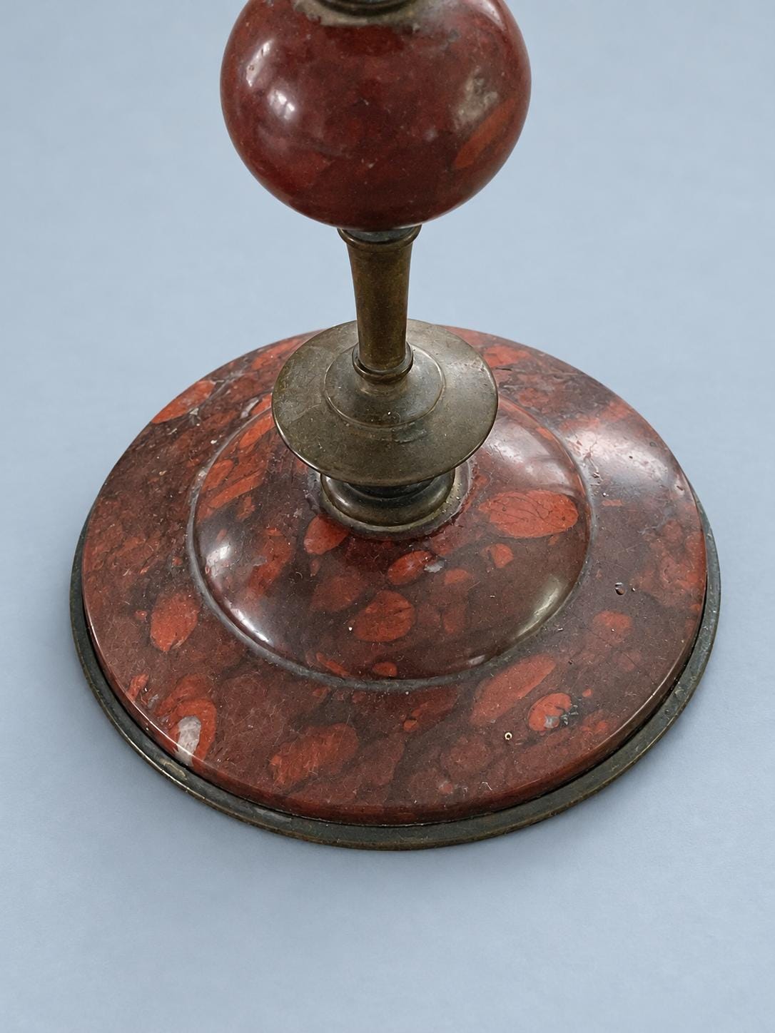 Vintage Pair of Red Marble and Brass-Tone Metal Candlesticks, Ball Knop and Domed Base, Attributed 19th Century, 21.5 cm