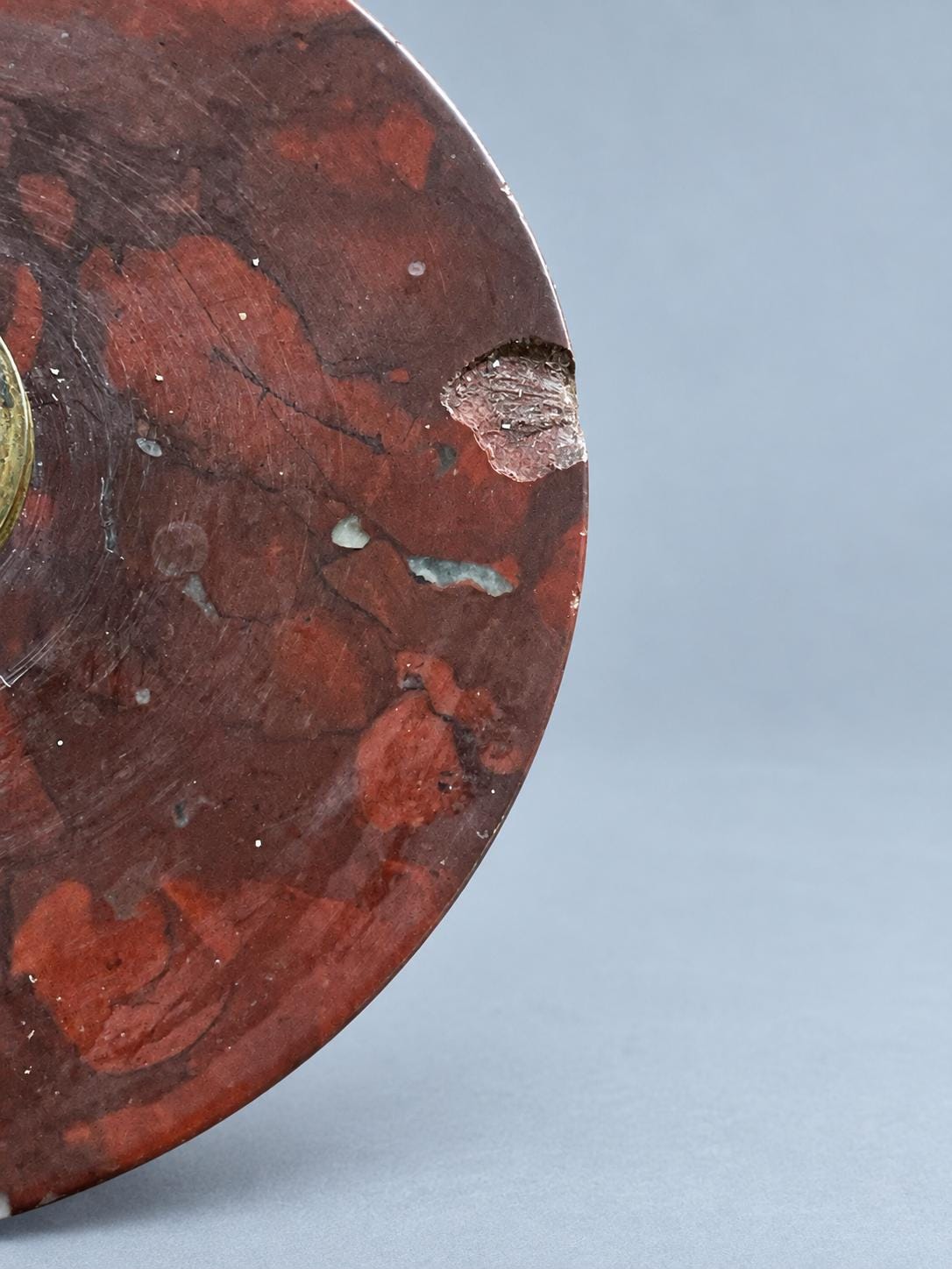 Vintage Pair of Red Marble and Brass-Tone Metal Candlesticks, Ball Knop and Domed Base, Attributed 19th Century, 21.5 cm