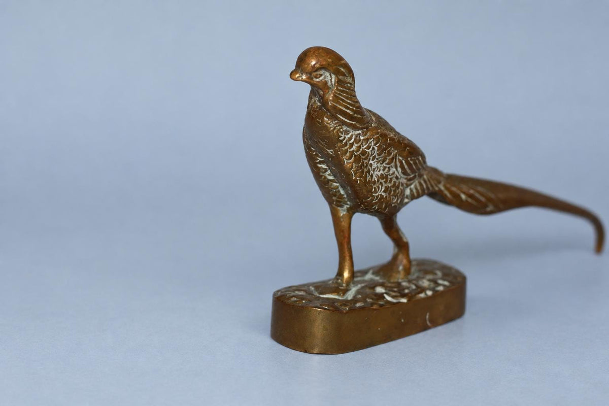 Vintage Pheasant Sculpture with Long Sweeping Tail, Patinated Metal on Oval Base, Animalier Style, Attributed Late 19th Century–c. 1900