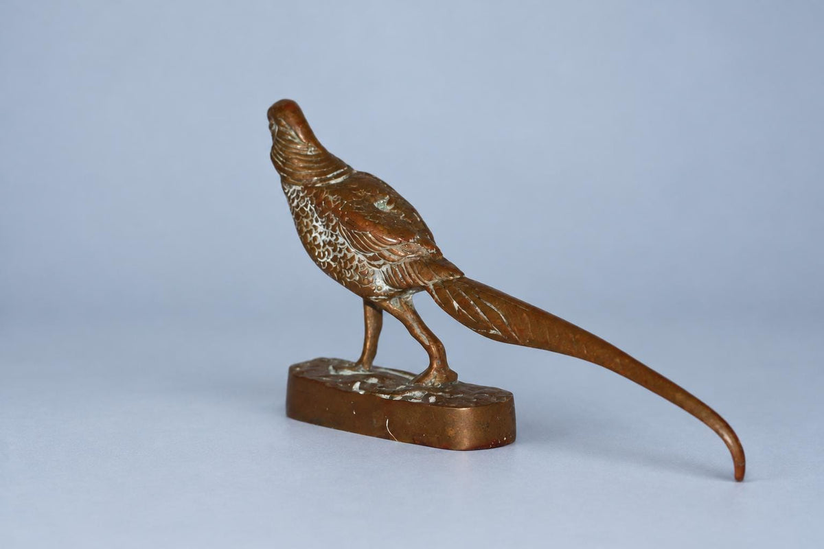 Vintage Pheasant Sculpture with Long Sweeping Tail, Patinated Metal on Oval Base, Animalier Style, Attributed Late 19th Century–c. 1900