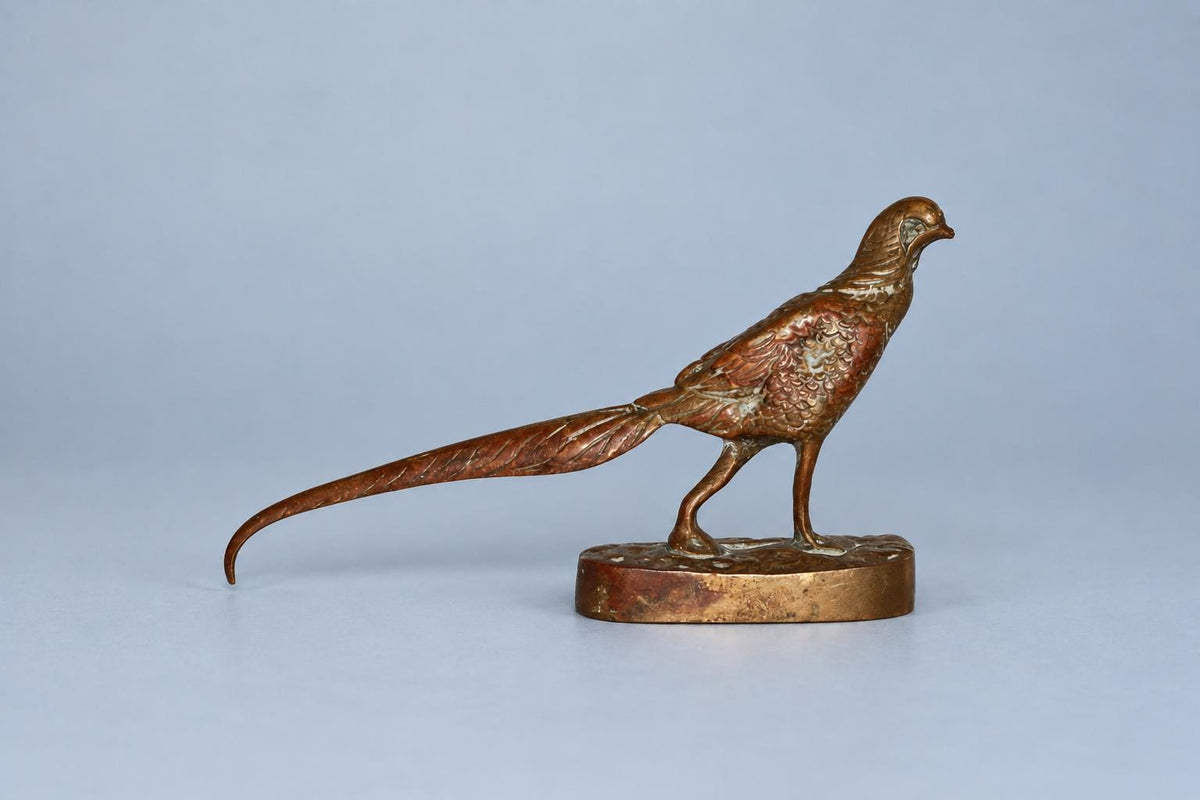 Vintage Pheasant Sculpture with Long Sweeping Tail, Patinated Metal on Oval Base, Animalier Style, Attributed Late 19th Century–c. 1900