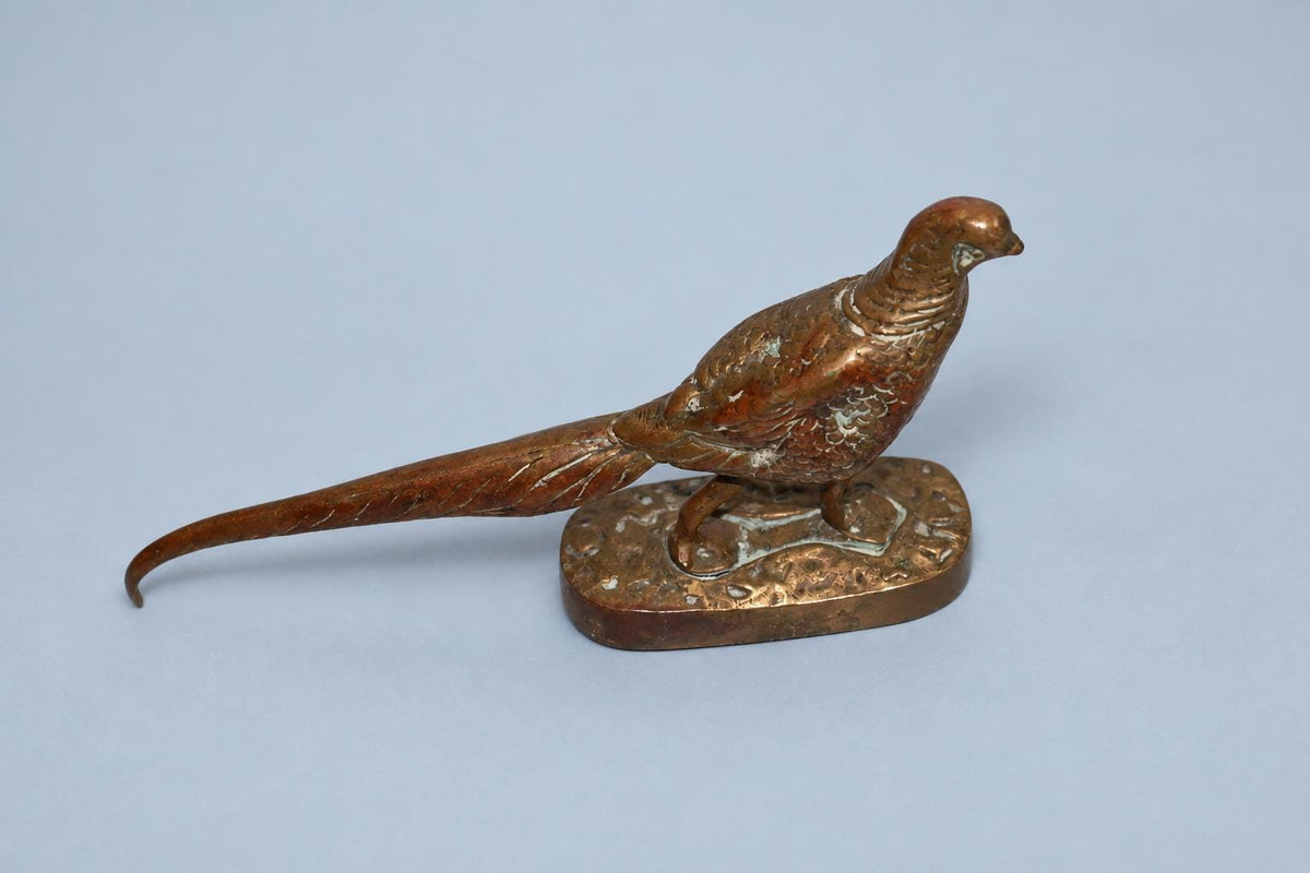 Vintage Pheasant Sculpture with Long Sweeping Tail, Patinated Metal on Oval Base, Animalier Style, Attributed Late 19th Century–c. 1900