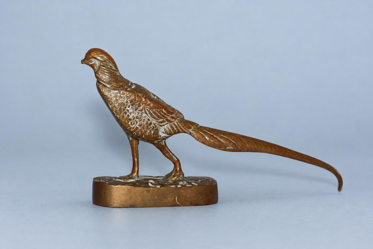 Vintage Pheasant Sculpture with Long Sweeping Tail, Patinated Metal on Oval Base, Animalier Style, Attributed Late 19th Century–c. 1900