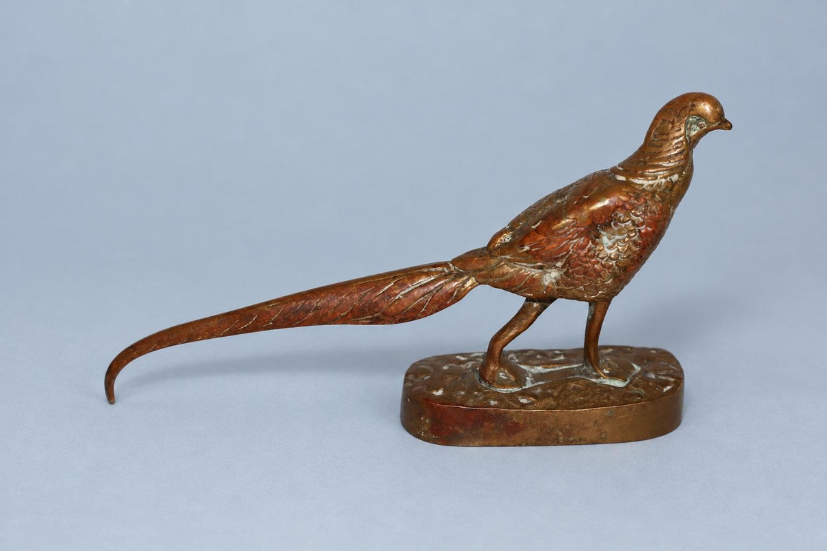 Vintage Pheasant Sculpture with Long Sweeping Tail, Patinated Metal on Oval Base, Animalier Style, Attributed Late 19th Century–c. 1900