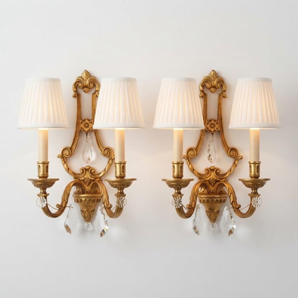 Vintage Pair of Louis XVI Style Lyre Wall Sconces, Gilt Metal with Faceted Glass Drops, Two Lights Each, 45 cm