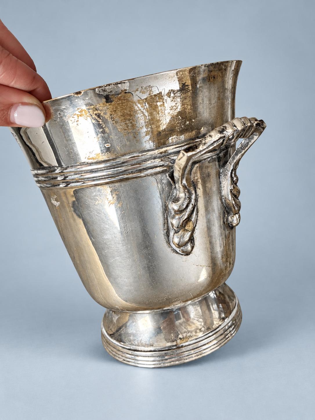 Vintage Silver-Tone Ice Bucket with Side Handles, Small Footed Wine Cooler with Ribbed Band, Bar Cart Decor, 16 cm