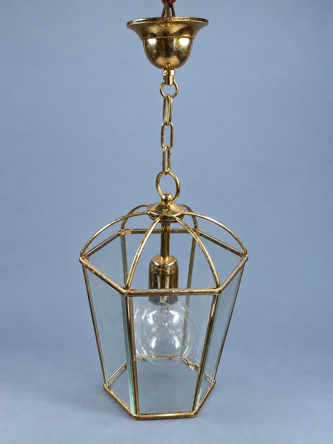 Vintage Hexagonal Brass Hall Lantern with Bevelled Glass Panels and Domed Rib Top, Single Light, Chain and Canopy