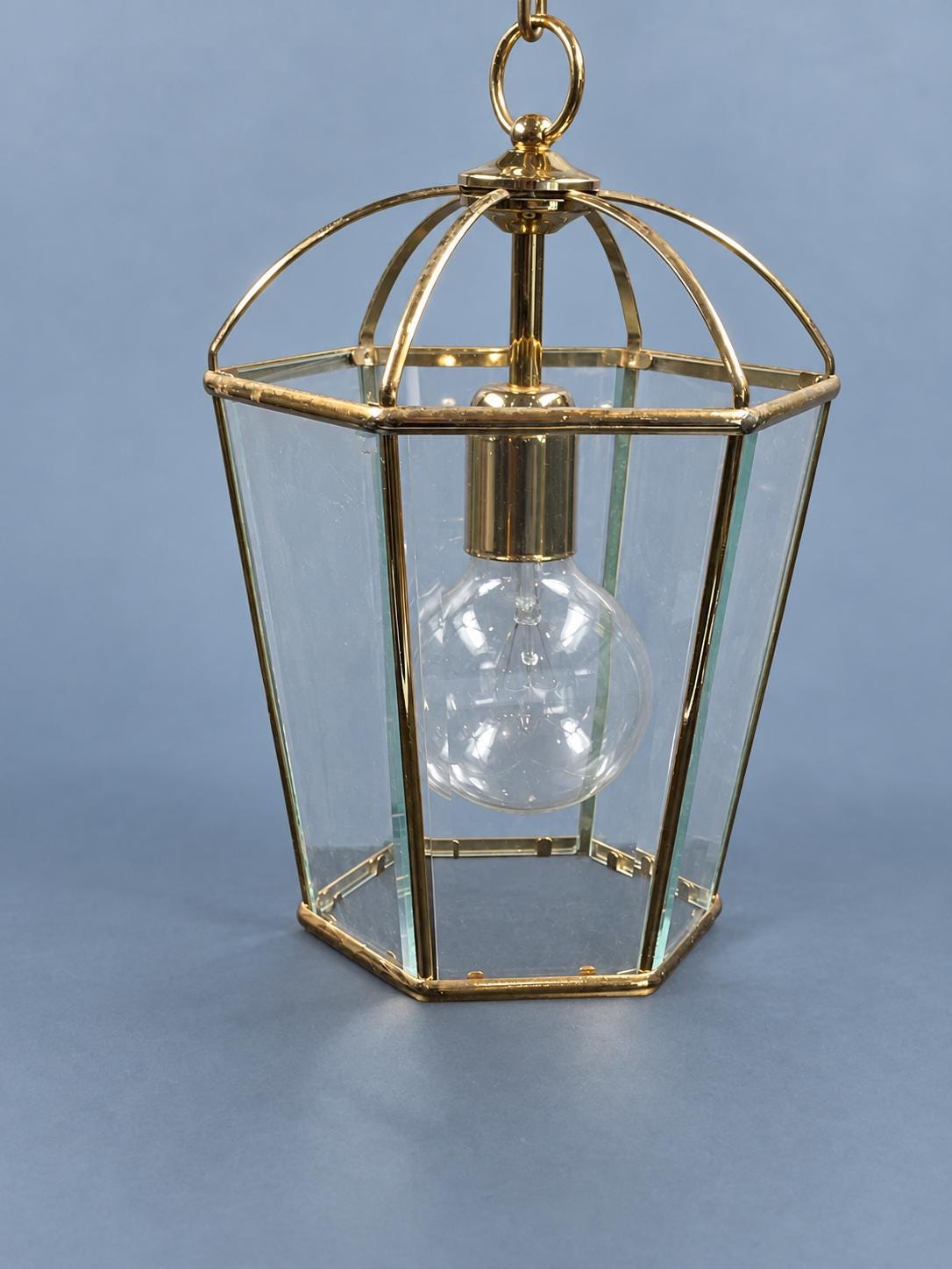 Vintage Hexagonal Brass Hall Lantern with Bevelled Glass Panels and Domed Rib Top, Single Light, Chain and Canopy