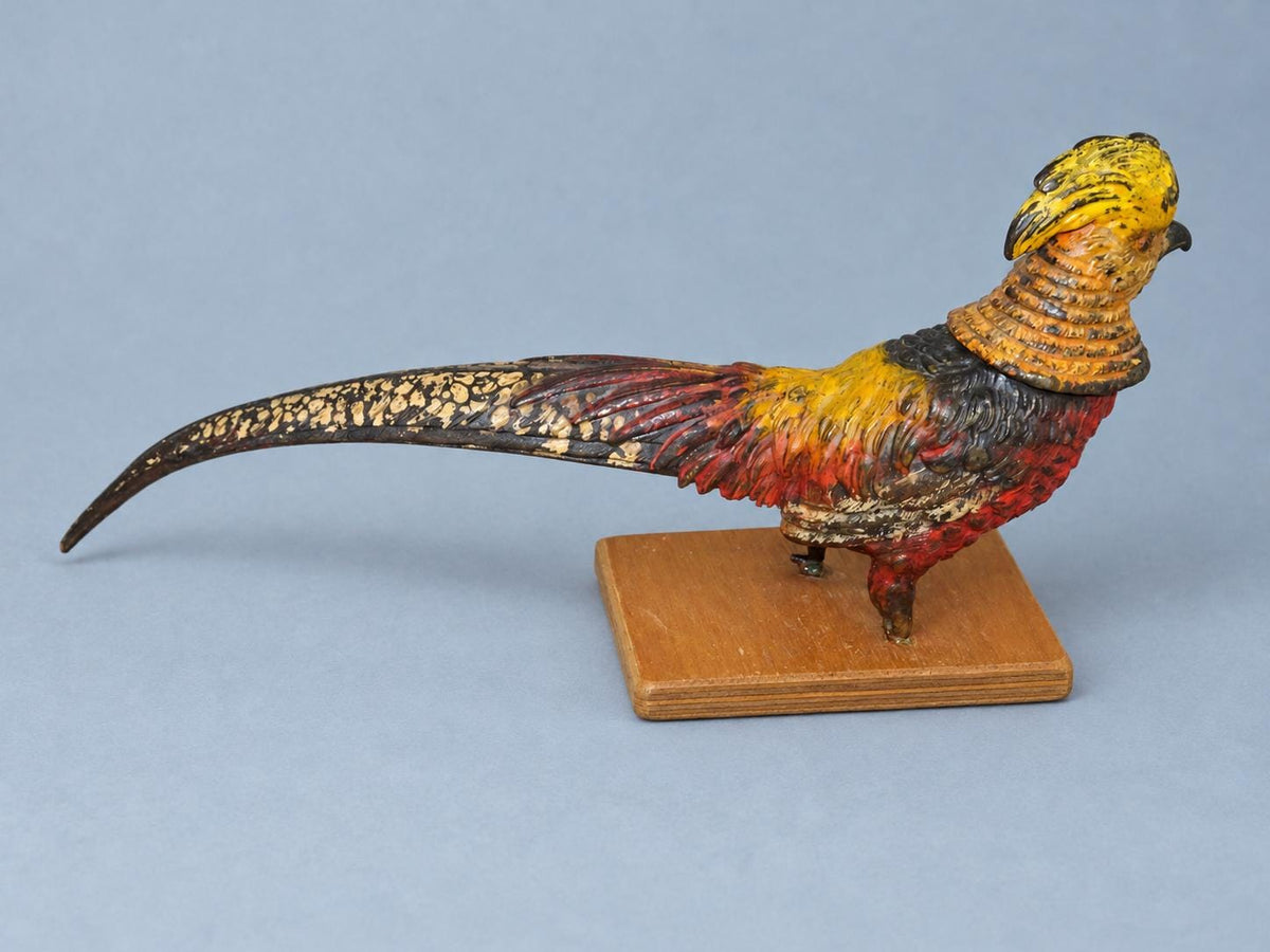 Vintage Cold-Painted Metal Golden Pheasant Figure in the Viennese Tradition, Remounted on Wooden Base, 20 cm