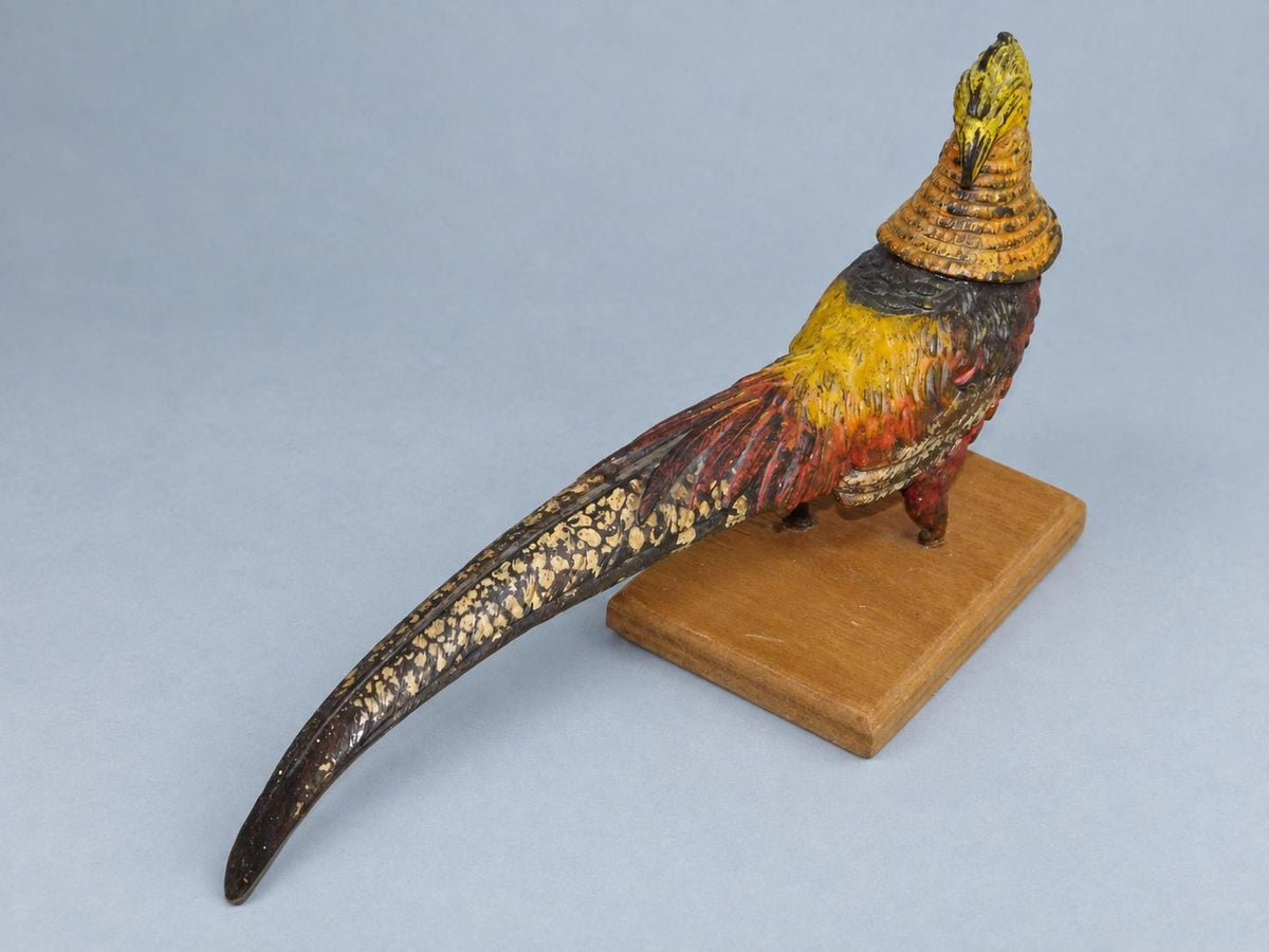 Vintage Cold-Painted Metal Golden Pheasant Figure in the Viennese Tradition, Remounted on Wooden Base, 20 cm
