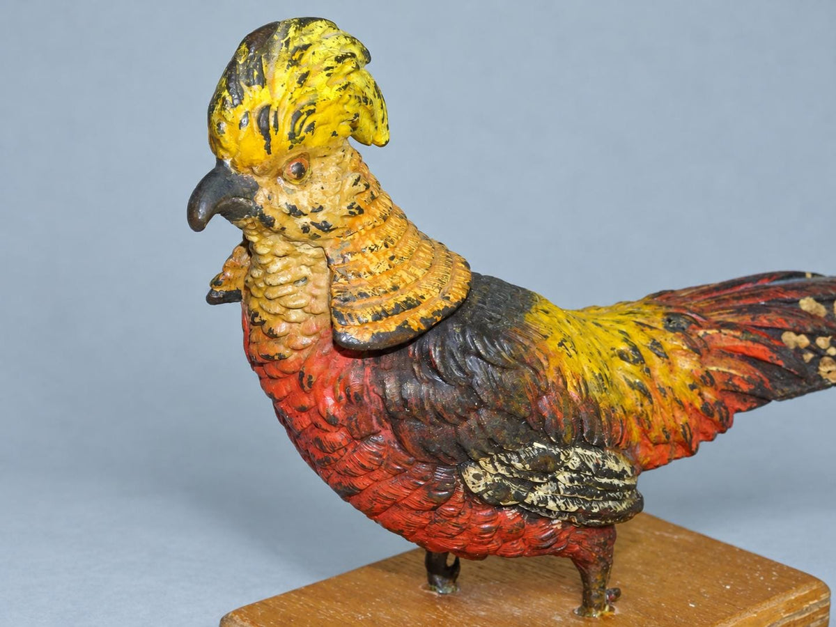 Vintage Cold-Painted Metal Golden Pheasant Figure in the Viennese Tradition, Remounted on Wooden Base, 20 cm