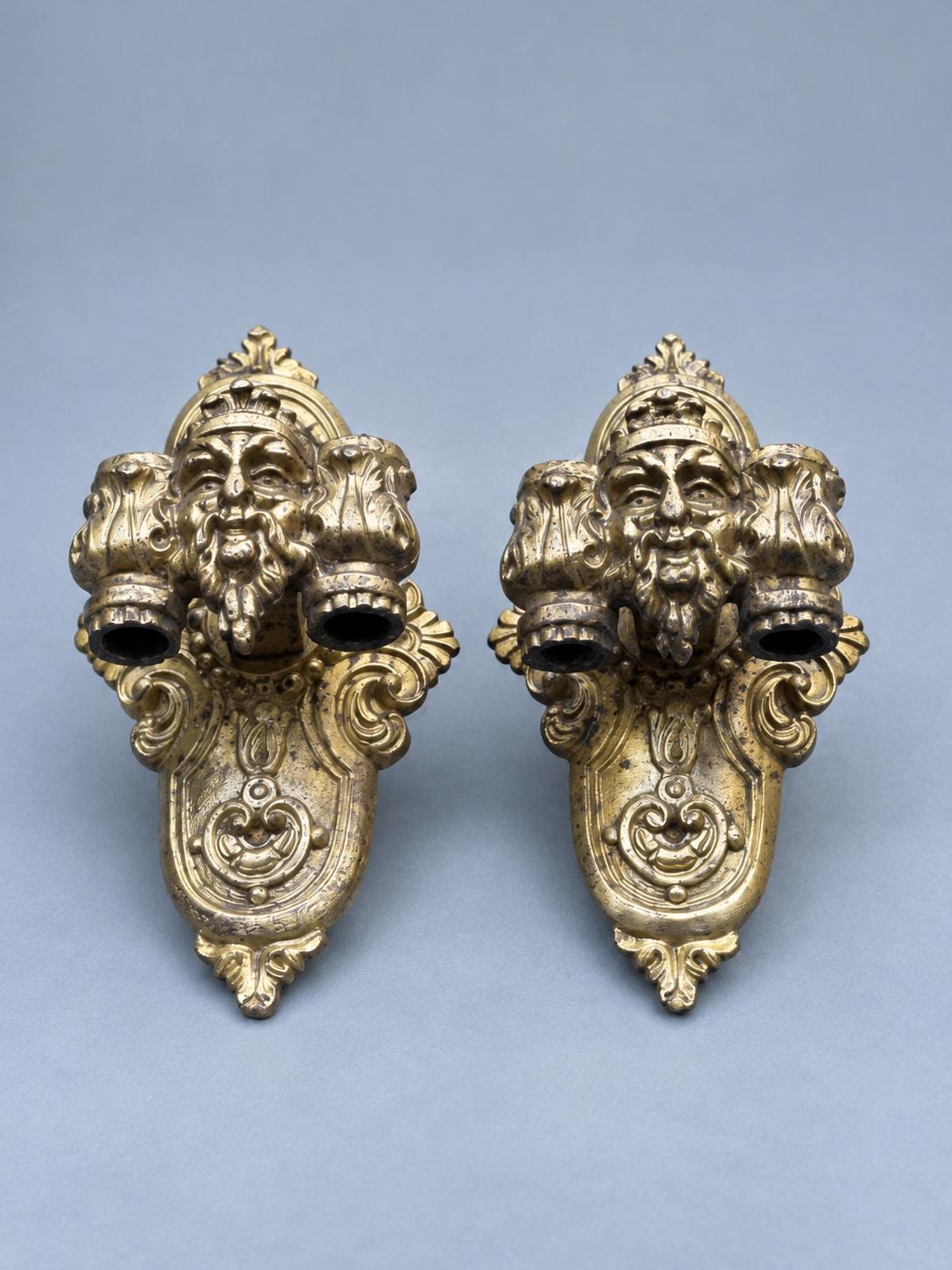 Vintage Pair of Small Double Candle Holders with Bearded Masks, Gilt Metal Wall or Furniture Mounts, Renaissance Revival, 19th Century