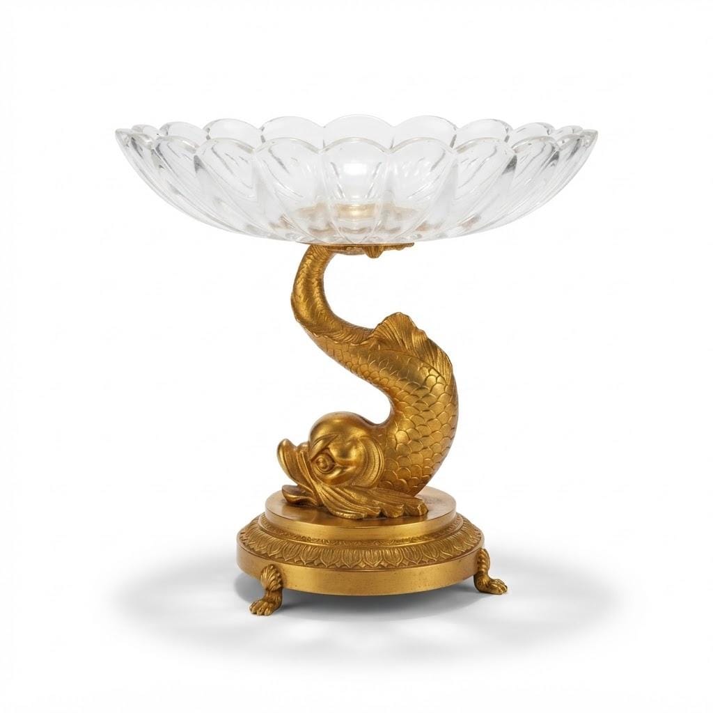 Vintage Empire Style Dolphin Tazza, Cut Glass Scalloped Bowl on Gilt Metal Dolphin Stand with Paw Feet, Attributed 19th Century, 23 cm
