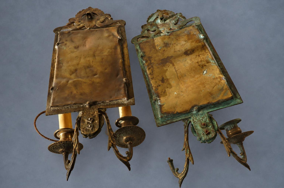 Vintage Pair of Mirror Wall Sconces with Masks, Patinated Metal Beaded Frames and Palmette Crests, Bevelled Mirrors, Two Lights Each, 41 cm