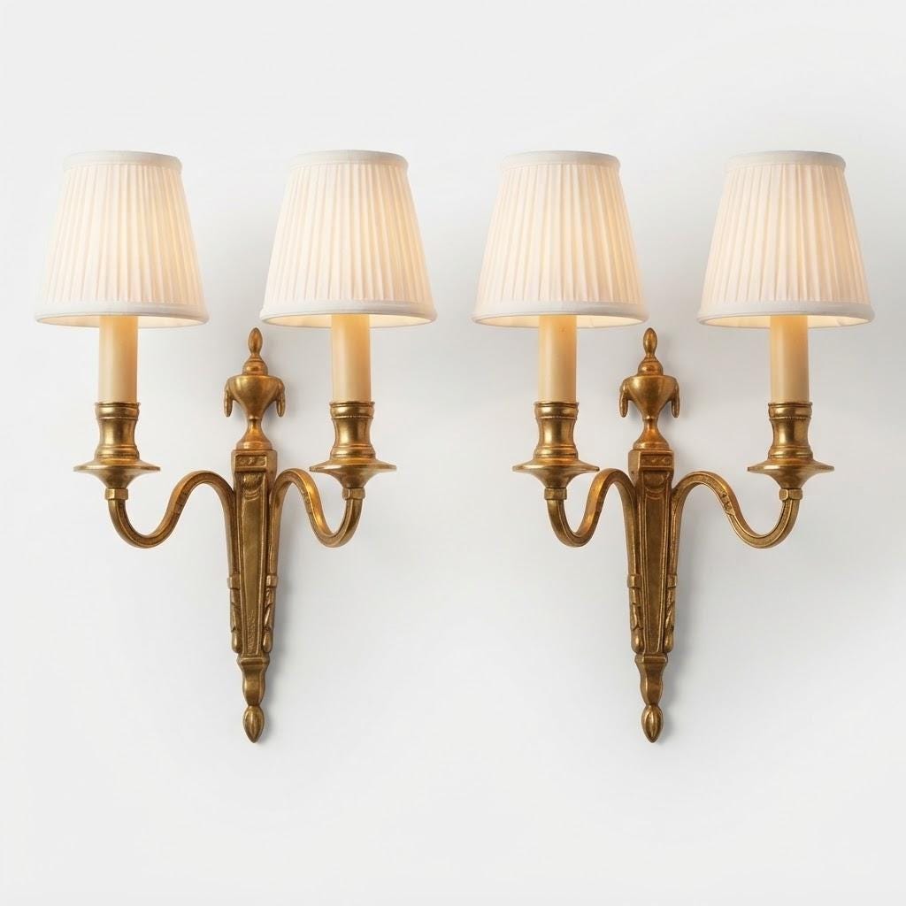 Vintage Pair of Louis XVI Style Wall Sconces, Gilt Metal Tapering Backplates with Draped Urn Finials and Acorn Drops, Two Lights Each