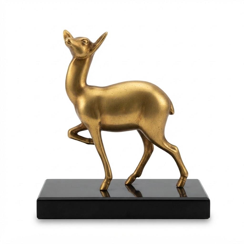 Vintage Art Deco Style Doe Statuette, Gilt Metal Fawn Looking Upward on Black Marble Base, 21 cm