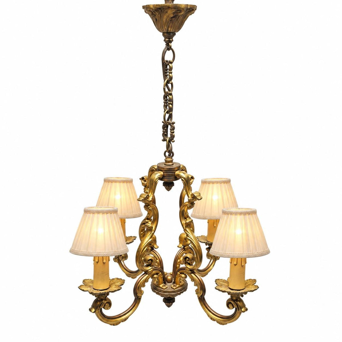 Vintage Louis XV Style Cage Chandelier, Gilt Metal with Shell Motifs and Scrolled Uprights, Four Lights, Chain and Canopy