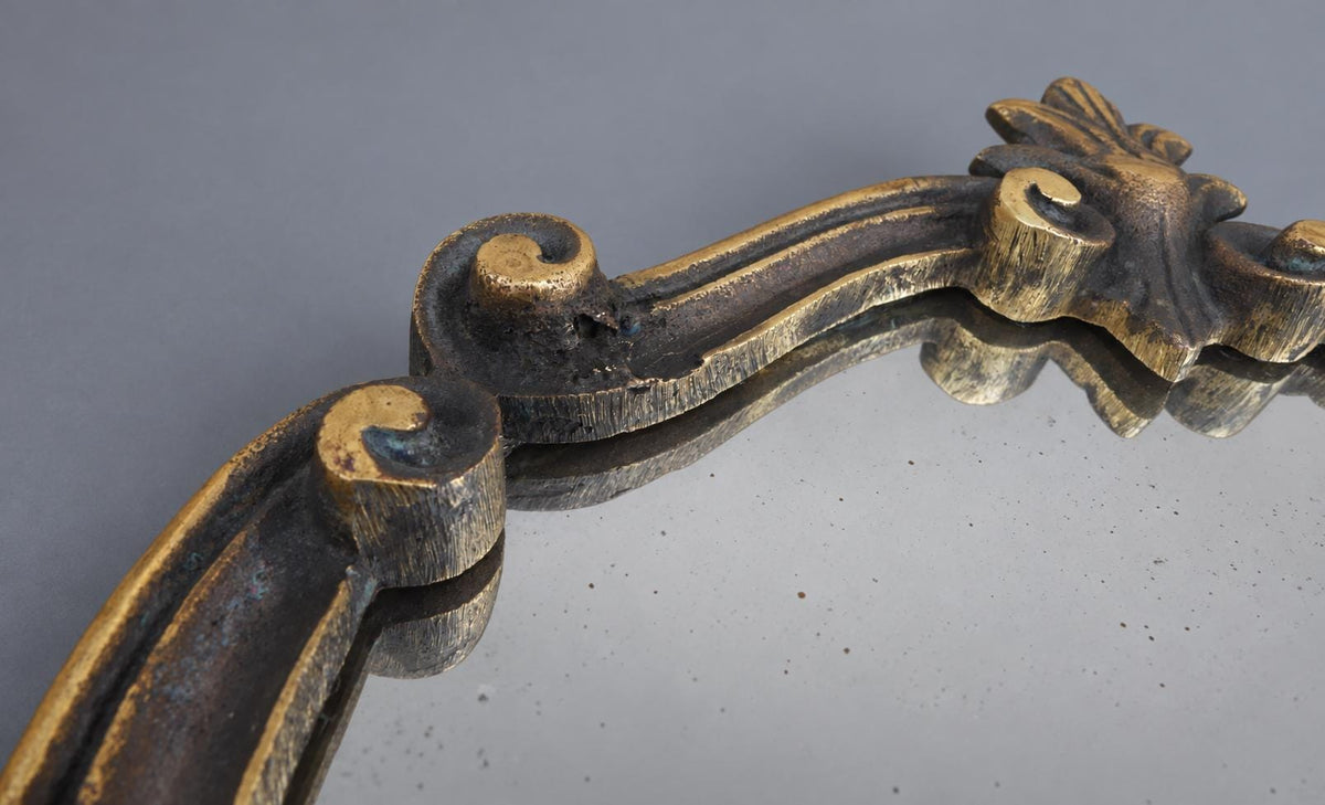 Vintage Pair of Single-Light Mirror Wall Sconces, Cartouche-Shaped Mirrors in Two-Tone Metal Frames with Palmette Crests, 29 cm