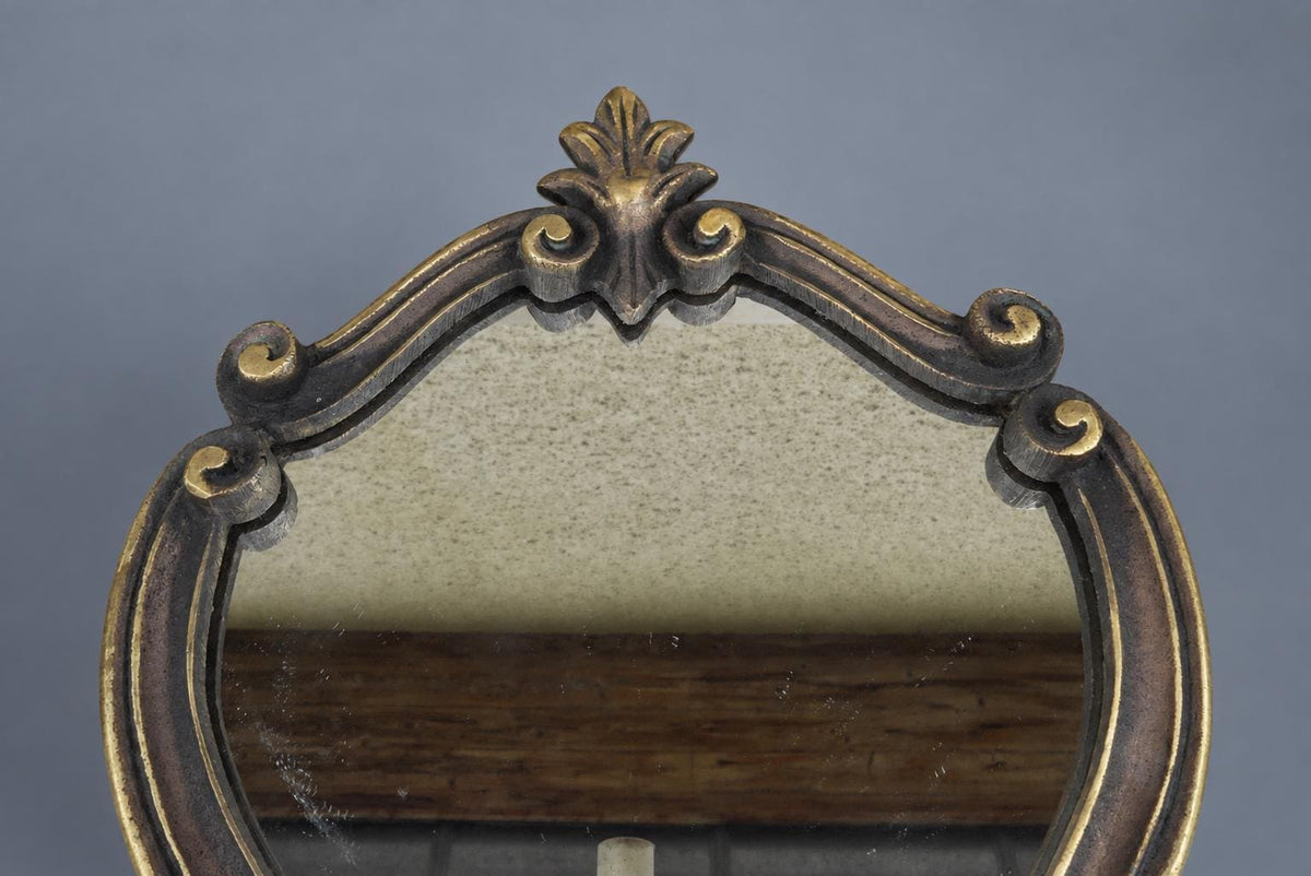 Vintage Pair of Single-Light Mirror Wall Sconces, Cartouche-Shaped Mirrors in Two-Tone Metal Frames with Palmette Crests, 29 cm