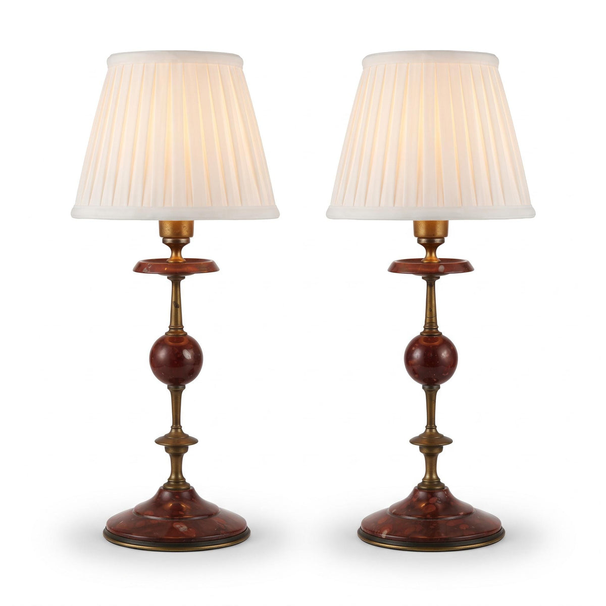 Vintage Pair of Red Marble and Brass-Tone Metal Candlesticks, Ball Knop and Domed Base, Attributed 19th Century, 21.5 cm