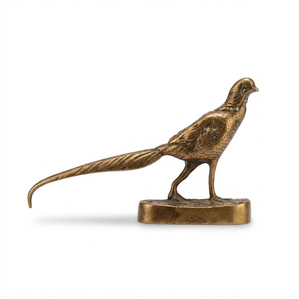 Vintage Pheasant Sculpture with Long Sweeping Tail, Patinated Metal on Oval Base, Animalier Style, Attributed Late 19th Century–c. 1900
