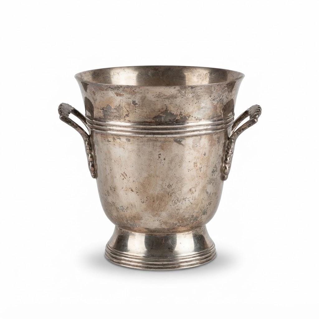 Vintage Silver-Tone Ice Bucket with Side Handles, Small Footed Wine Cooler with Ribbed Band, Bar Cart Decor, 16 cm