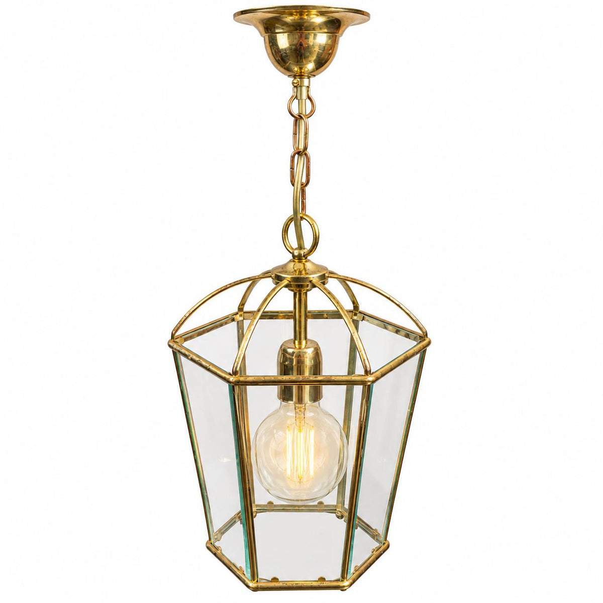 Vintage Hexagonal Brass Hall Lantern with Bevelled Glass Panels and Domed Rib Top, Single Light, Chain and Canopy