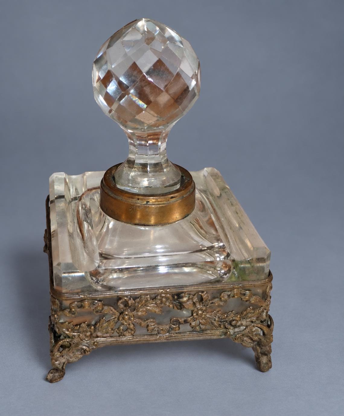 Vintage Large Square Cut Glass Inkwell with Faceted Ball Stopper, Pierced Metal Floral Gallery on Scroll Feet, Attributed 19th Century,12 cm