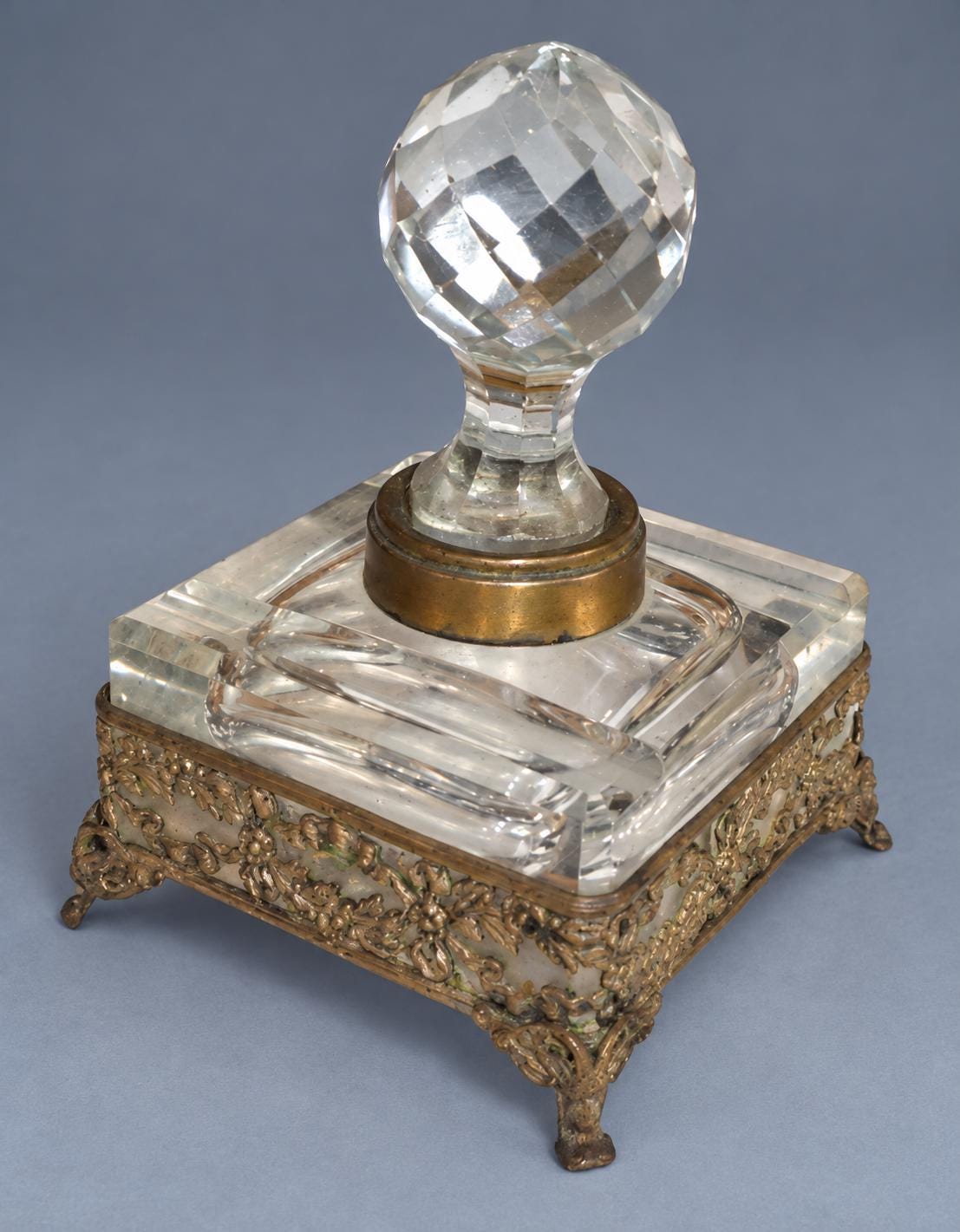 Vintage Large Square Cut Glass Inkwell with Faceted Ball Stopper, Pierced Metal Floral Gallery on Scroll Feet, Attributed 19th Century,12 cm