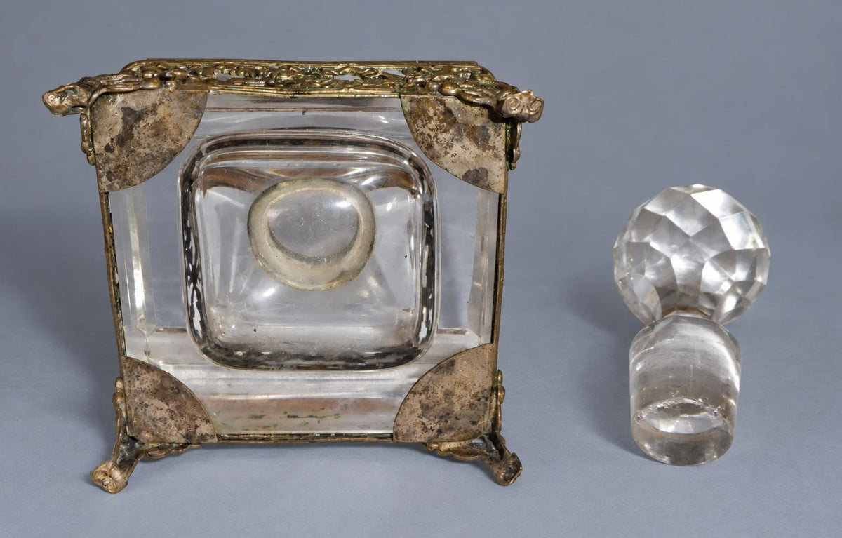 Vintage Large Square Cut Glass Inkwell with Faceted Ball Stopper, Pierced Metal Floral Gallery on Scroll Feet, Attributed 19th Century,12 cm