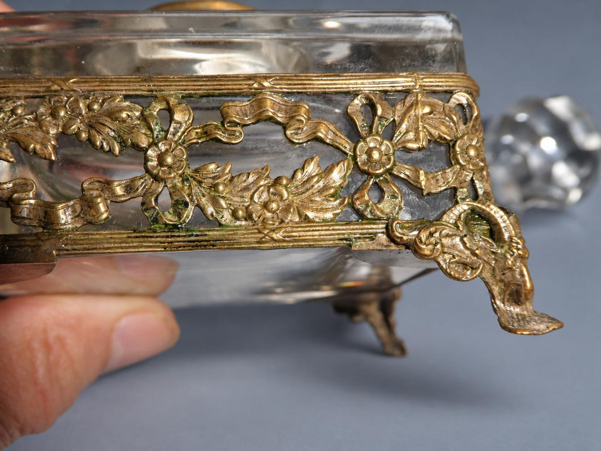 Vintage Large Square Cut Glass Inkwell with Faceted Ball Stopper, Pierced Metal Floral Gallery on Scroll Feet, Attributed 19th Century,12 cm