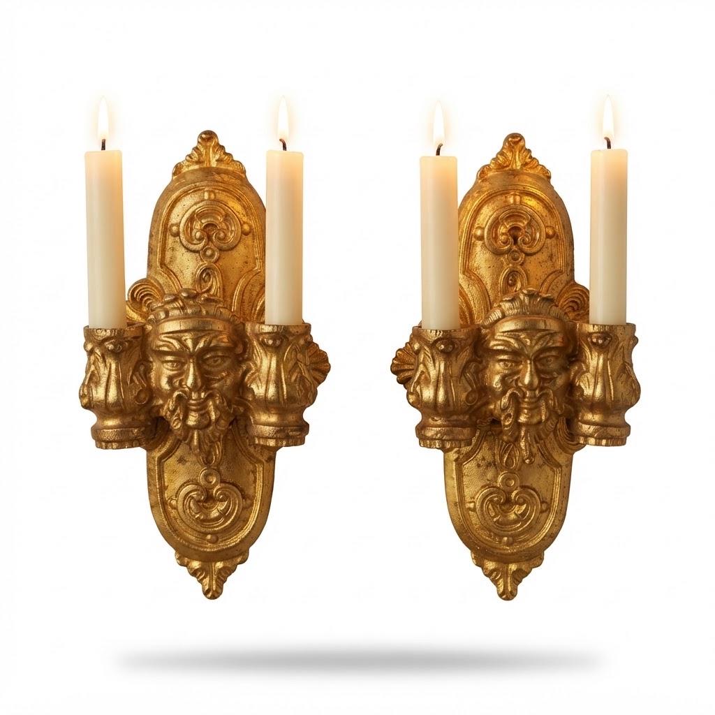 Vintage Pair of Small Double Candle Holders with Bearded Masks, Gilt Metal Wall or Furniture Mounts, Renaissance Revival, 19th Century