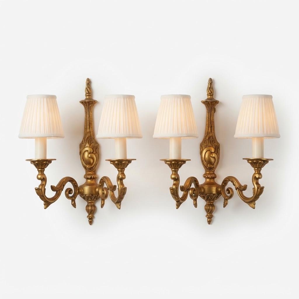 Vintage Pair of Louis XV Style Gilt Metal Wall Sconces, Flame Finials and C-Scroll Backplates, Leafy Scrolled Arms, Two Lights Each