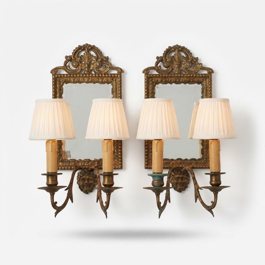 Vintage Pair of Mirror Wall Sconces with Masks, Patinated Metal Beaded Frames and Palmette Crests, Bevelled Mirrors, Two Lights Each, 41 cm