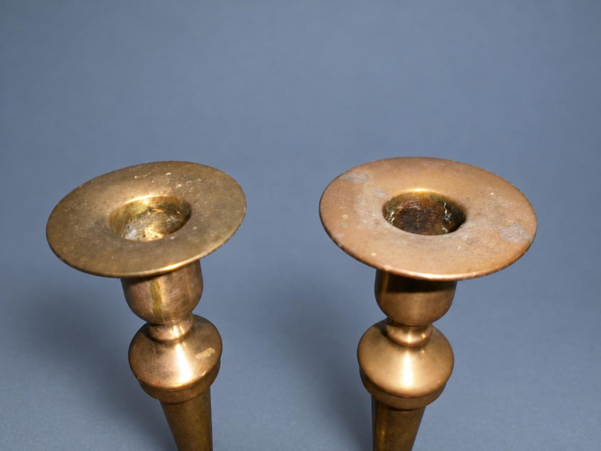 Vintage Pair of Neoclassical Style Candlesticks, Brass-Tone Metal with Tapered Baluster Stems and Stepped Square Bases, 19th Century, 24 cm