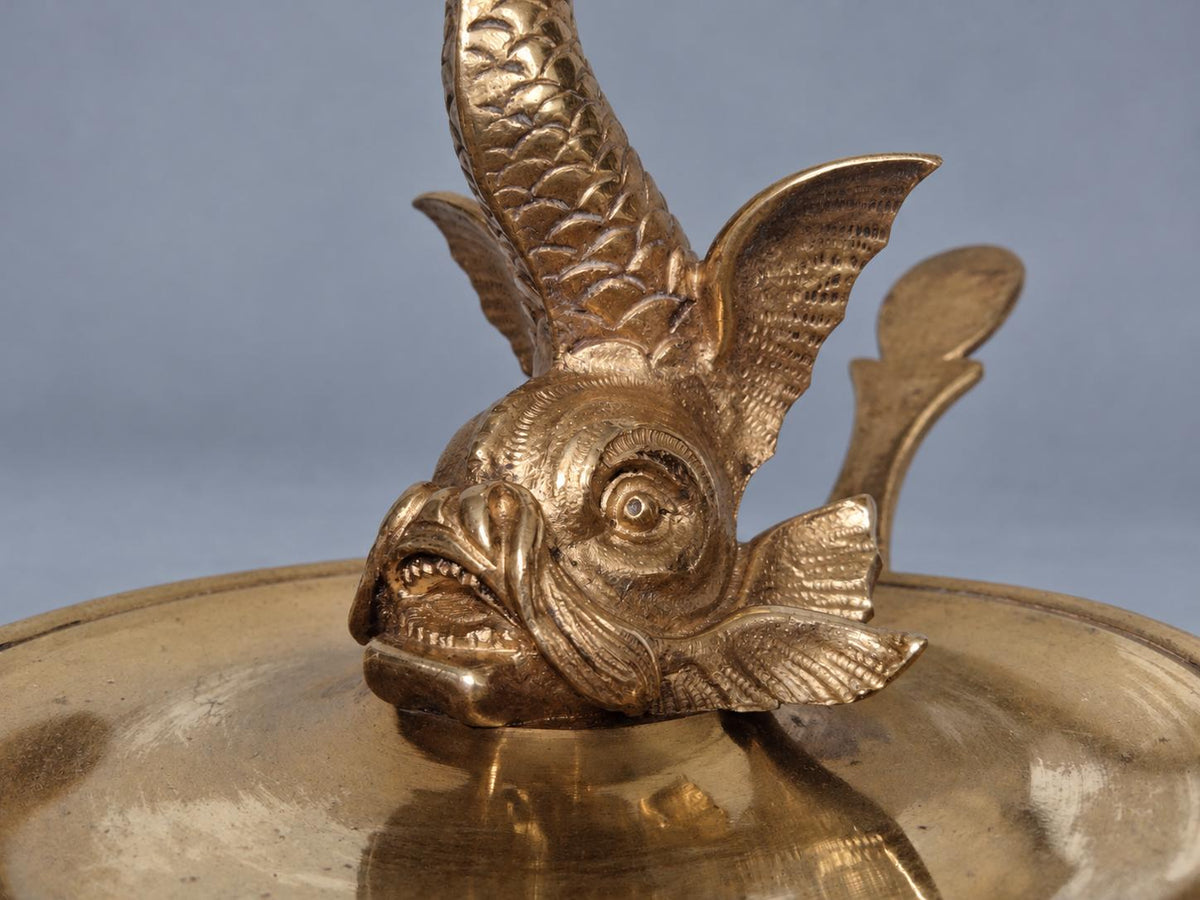 Vintage Dolphin Table Lamp, Gold-Tone Metal Stylized Dolphin on Round Chamberstick Base with Handle, Hollywood Regency Style