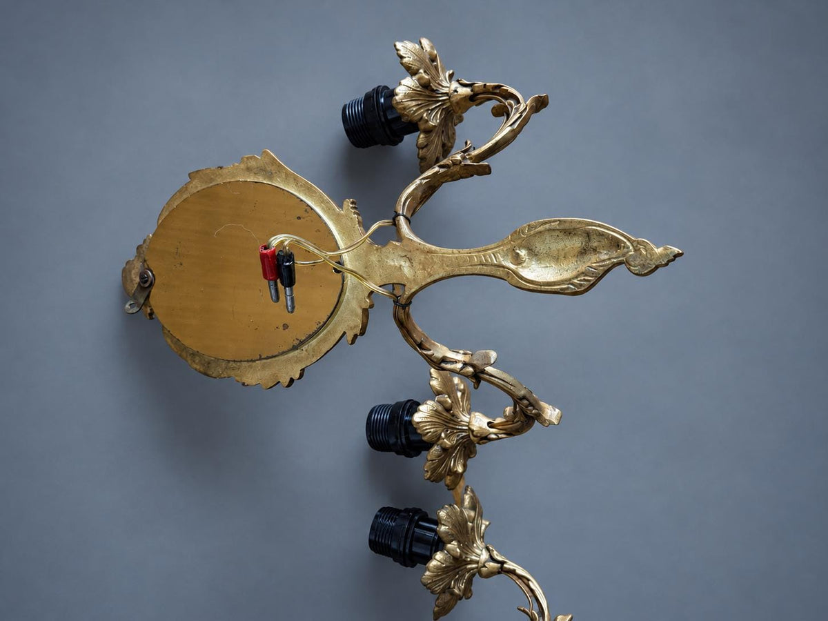 Vintage Pair of Rocaille Style Mirror Wall Sconces, Oval Bevelled Mirrors in Gilt Metal Frames, Leafy Two-Light Arms