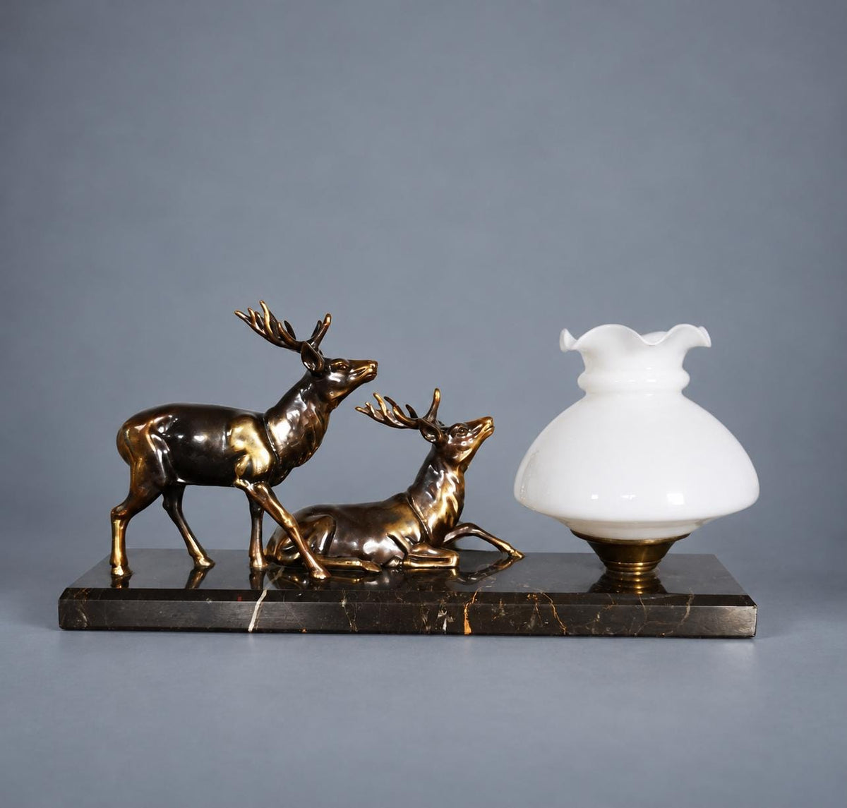 Vintage Art Deco Style Sculptural Desk Lamp, Two Patinated Metal Stags on Black Veined Marble Base, White Glass Tulip Shade, 32 cm