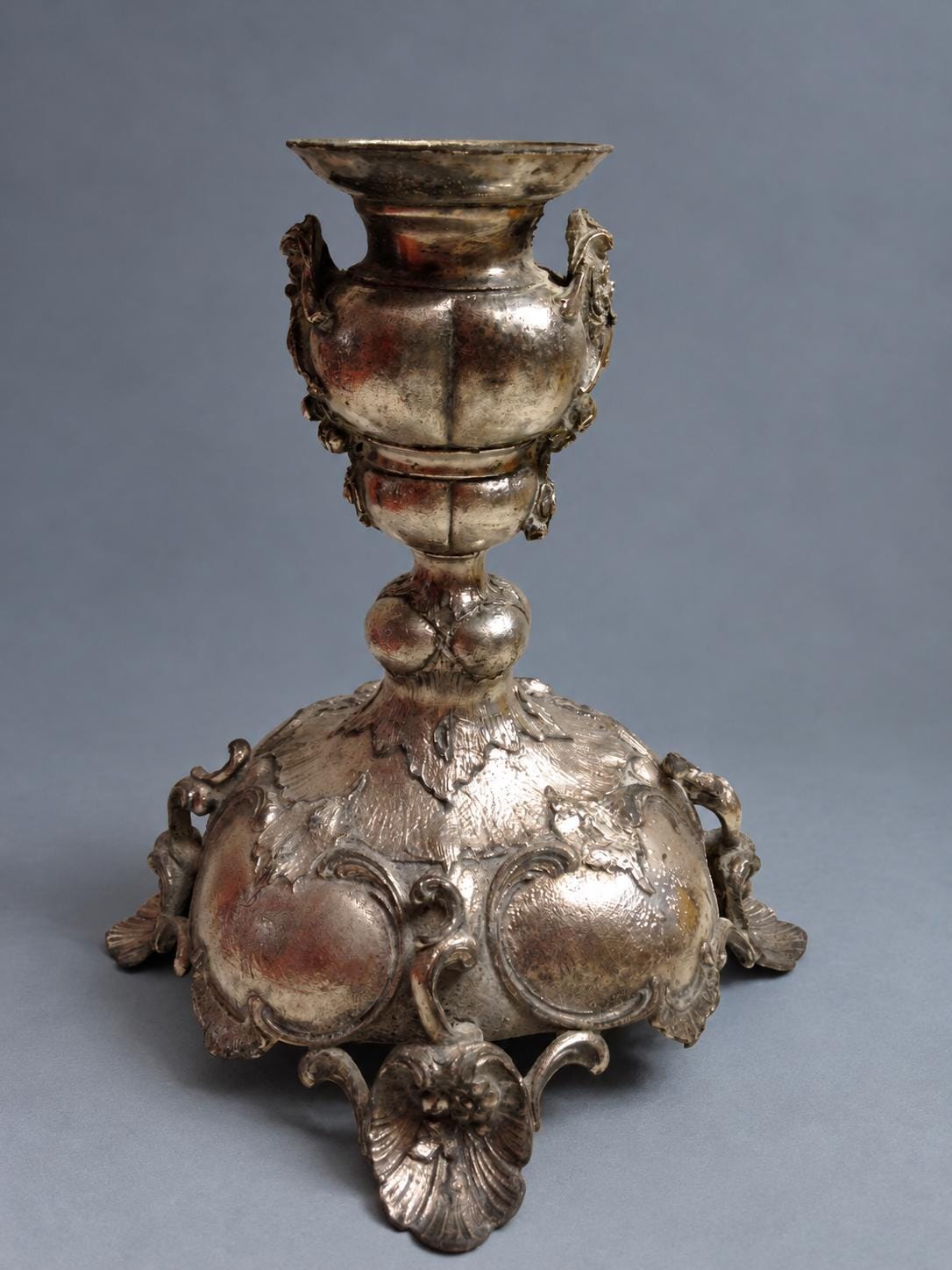 Vintage Rococo Revival Style Candlestick with Bacchic Masks and Fruit Festoons, Silver-Tone Metal on Domed Rocaille Base, 21 cm