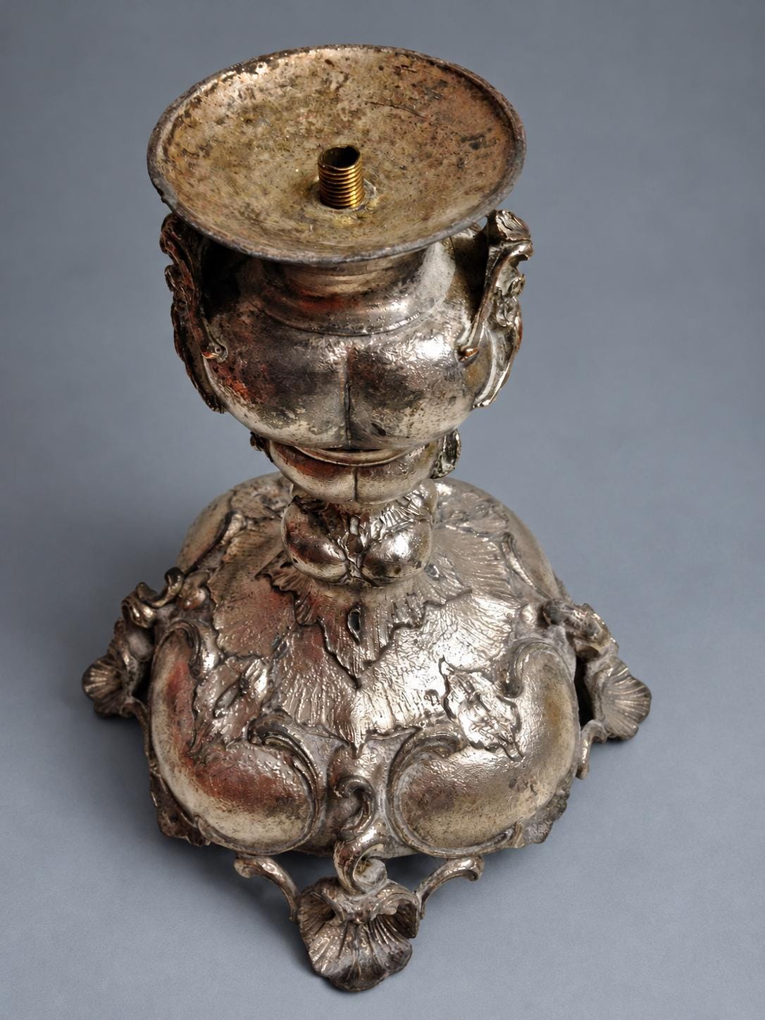 Vintage Rococo Revival Style Candlestick with Bacchic Masks and Fruit Festoons, Silver-Tone Metal on Domed Rocaille Base, 21 cm