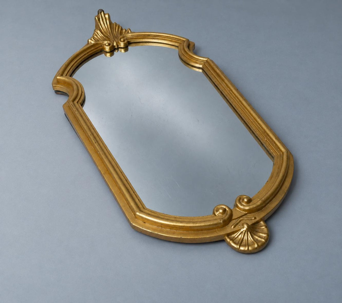 Vintage Louis XV Style Wall Mirror, Gold-Tone Resin Frame with Palmette Crest and Scrolled Shell Base, Attributed 1970s–80s, 42 cm