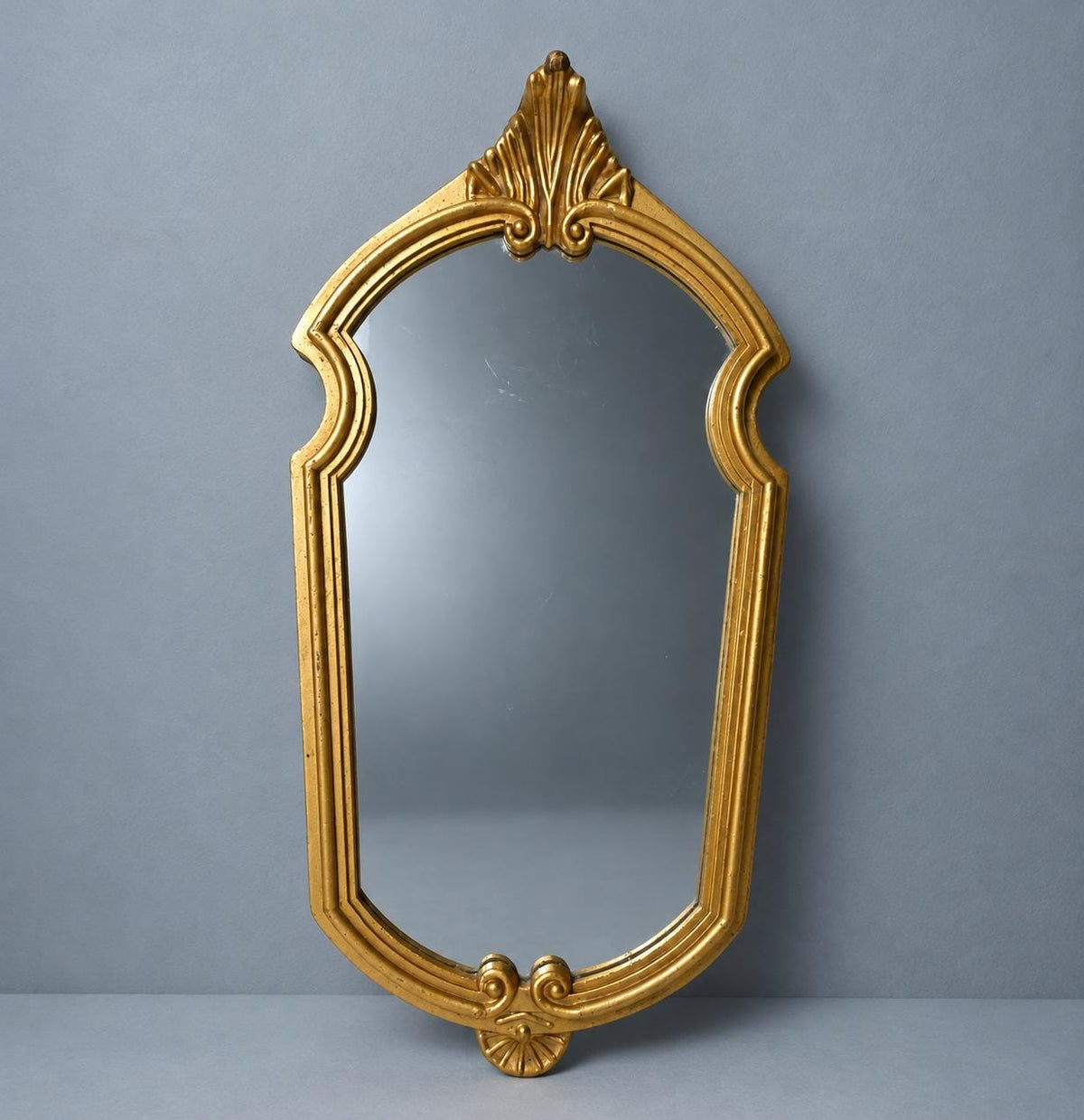 Vintage Louis XV Style Wall Mirror, Gold-Tone Resin Frame with Palmette Crest and Scrolled Shell Base, Attributed 1970s–80s, 42 cm
