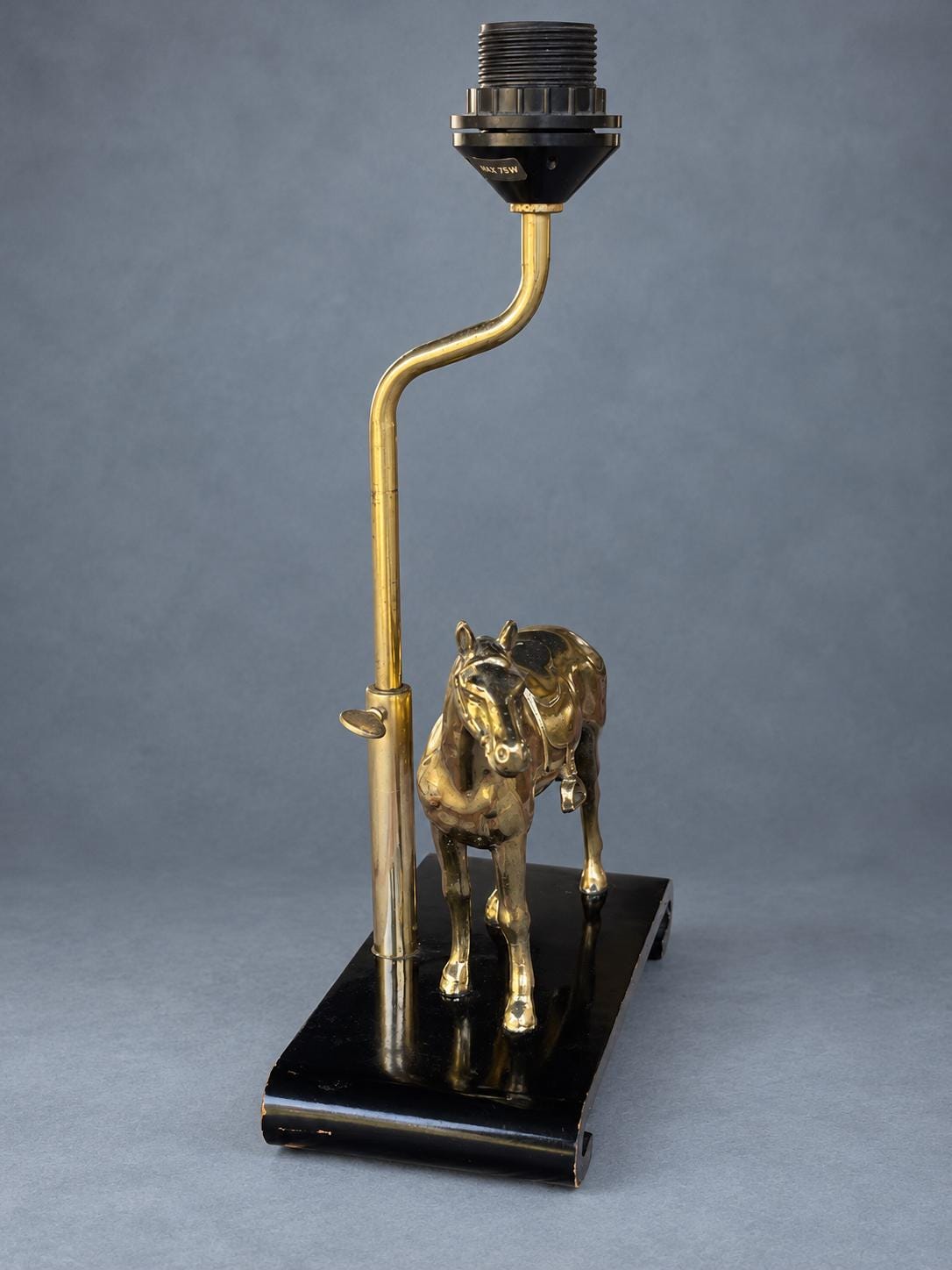 Vintage Horse Table Lamp Base, Attributed 1970s, Gold-Tone Saddled Horse on Black Lacquered Scroll-End Wooden Stand, Adjustable Height