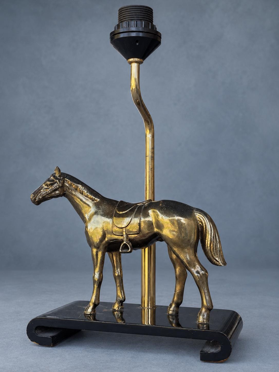 Vintage Horse Table Lamp Base, Attributed 1970s, Gold-Tone Saddled Horse on Black Lacquered Scroll-End Wooden Stand, Adjustable Height