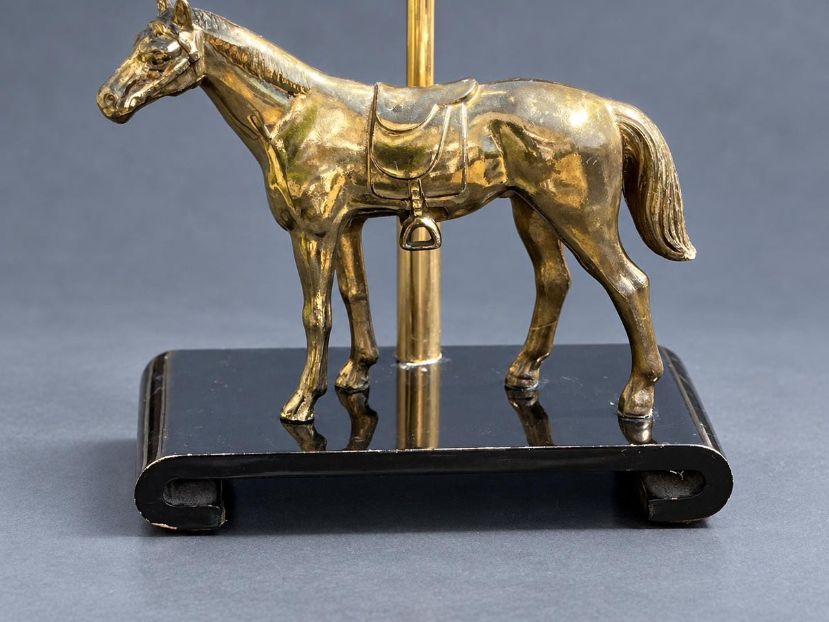Vintage Horse Table Lamp Base, Attributed 1970s, Gold-Tone Saddled Horse on Black Lacquered Scroll-End Wooden Stand, Adjustable Height